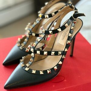 Valentino Black and Gold Studded Heels